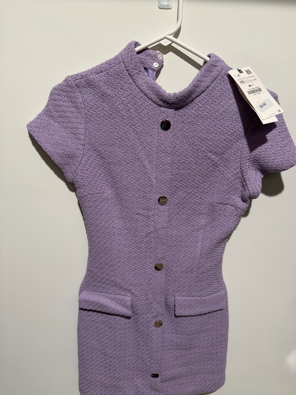 Zara Lilac Textured Off-the-Shoulder Button-Front Sweater Dress
